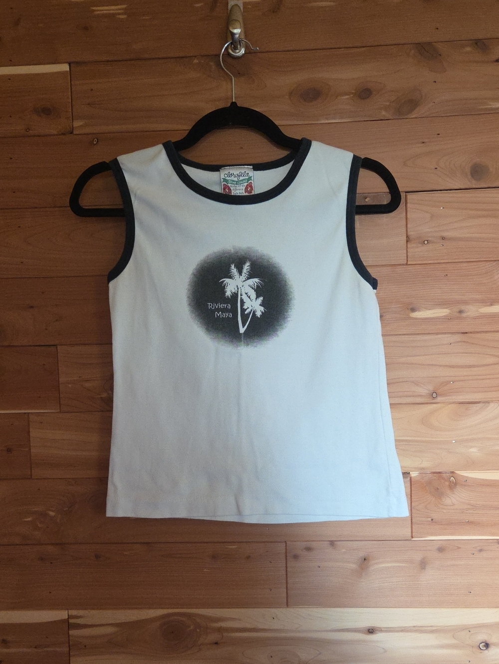 Riviera Kids Tank Top in White with Black Trim and Palm Print